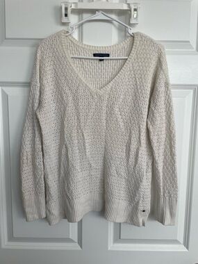 American Eagle Outfitters Cream V-Neck Open Knit Sweater